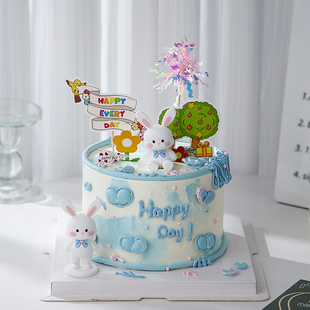 长耳朵小兔子周岁生日蛋糕装 饰摆件兔宝宝一岁啦雨丝小花烘焙插件