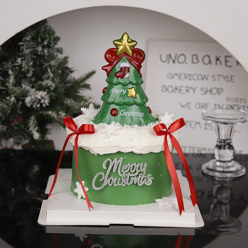 网红圣诞树蛋糕装饰摆件许愿树圣诞雪花五角星红色丝带烘焙插件