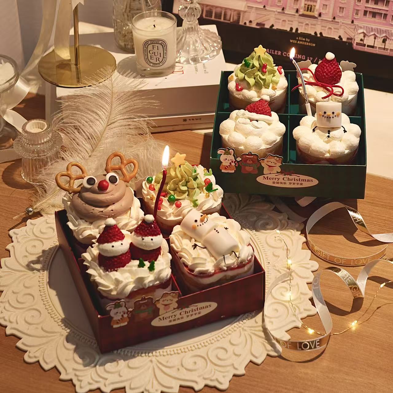 佳妍圣诞4宫格蛋糕包装盒四拼甜品盒烘焙四喜盒马卡龙甜品打包盒