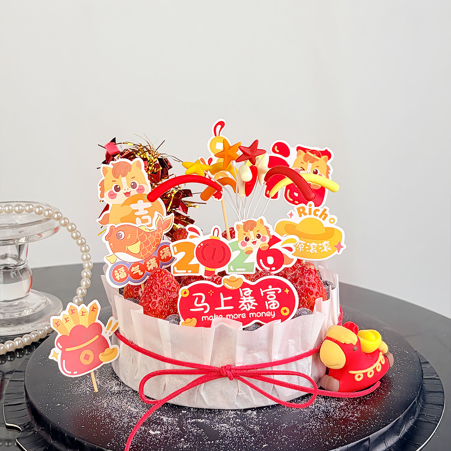 跨年新年马年礼花蛋糕装饰摆件马上暴富财源滚滚烘焙装扮插件配件