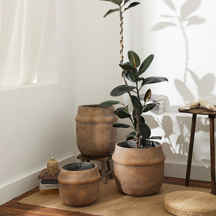 北欧网红镁泥大花盆编织草编藤编花蓝子形状落地家居大绿植柠檬树