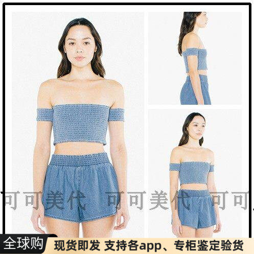现货美国代apparel/AA牛仔一字领露肩短款露脐上衣抹胸