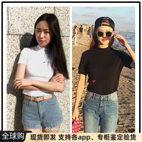 现货美国american apparel AA小高领修身纯色打底短袖t恤上衣女夏