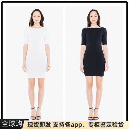 现货美国American apparel AA露背竖纹螺纹中袖包臀针织连衣裙