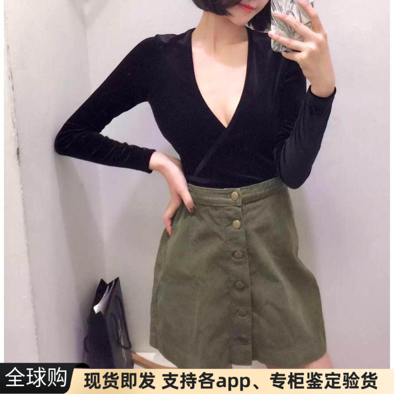 现货美国apparel/AA天鹅绒v领交叉系带长袖上衣t恤