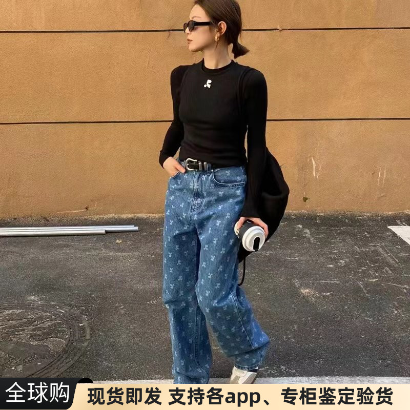 正品现货韩国RR rest recreation满印牛仔裤阔腿裤谢谢长裤女