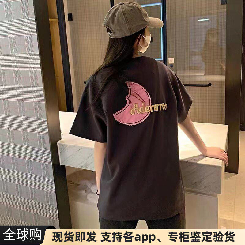 正品现货韩国男女情侣背后月亮贴布印花拼色短袖t恤潮