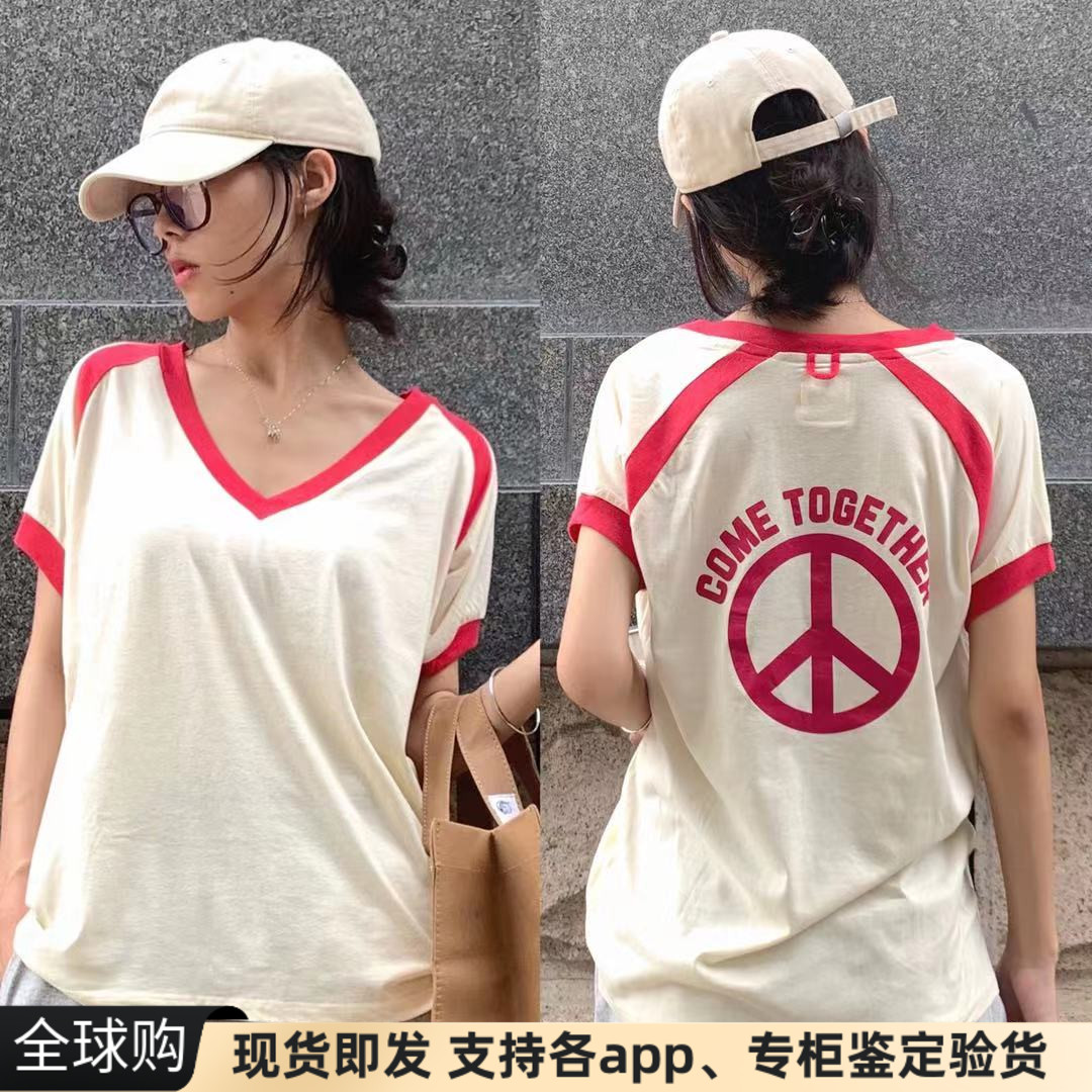 现货美国AA风camp collection背后字母v领宽松印花短袖t恤女潮ins
