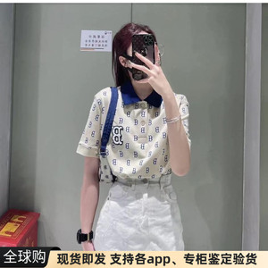 正品现货韩国MLB男女情侣polo领翻领老花满印拼色宽松短袖t恤tee