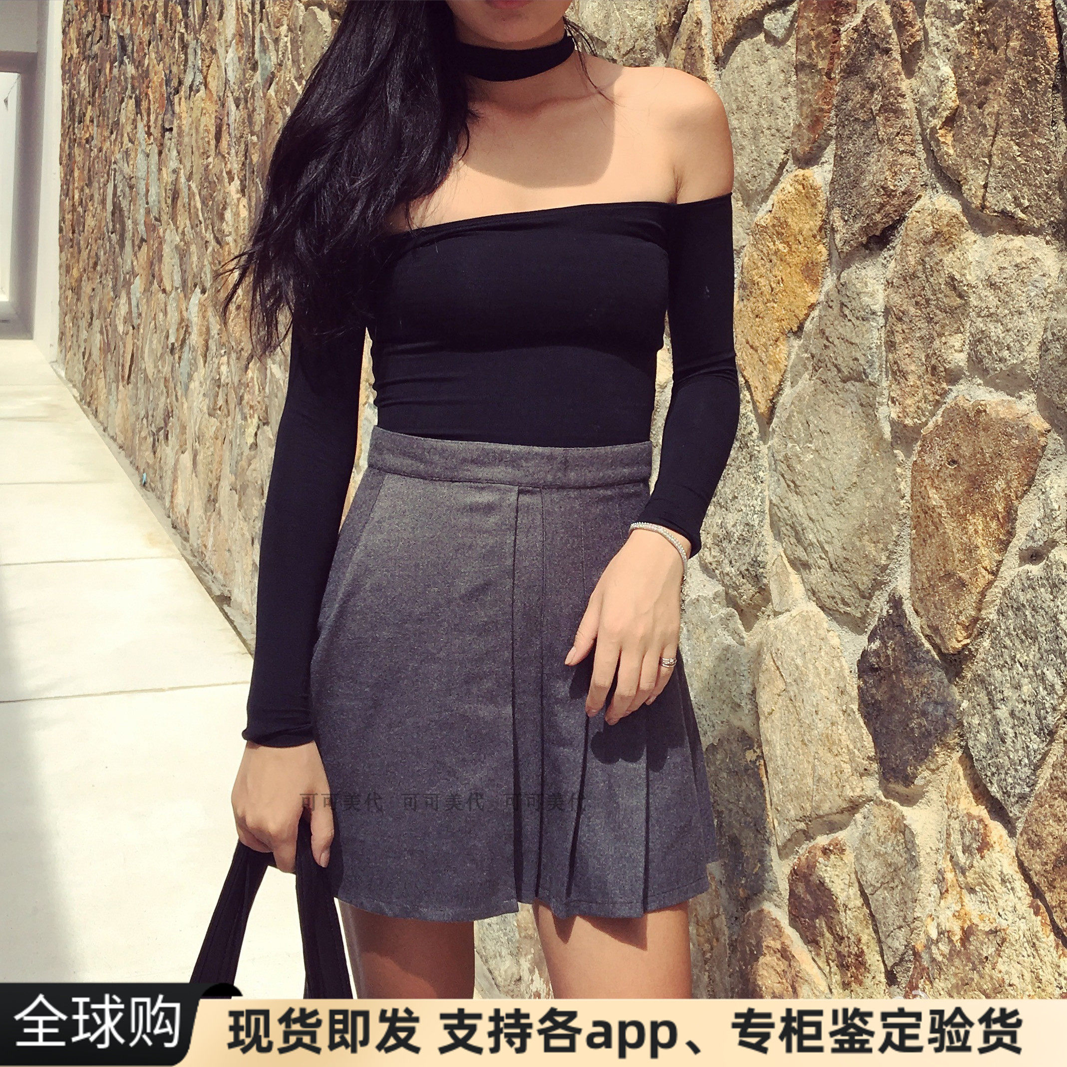 现货美国American apparel AA露肩一字领颈圈项圈长袖t恤上衣