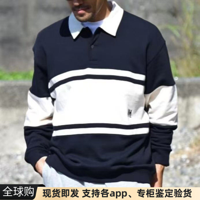 正品日本Helly Hansen不规则拼色条纹polo翻领宽松套头卫衣男女