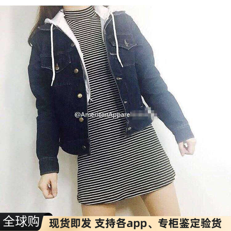 现货美国american apparel AA条纹高领长袖喇叭A字台型连衣裙