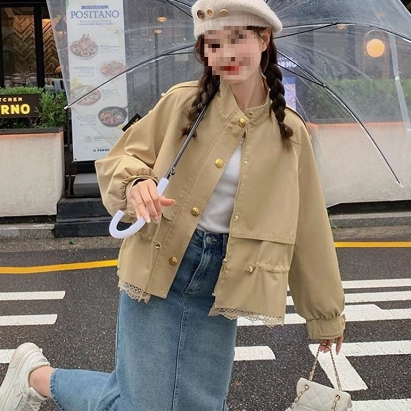 卡其色蕾丝拼接小个子短外套女小