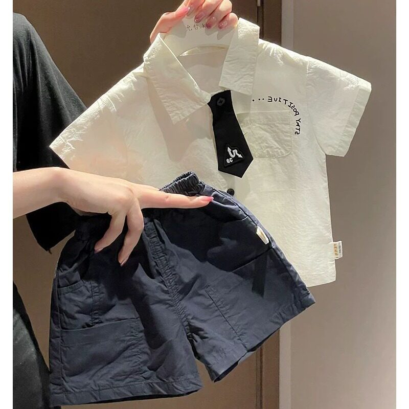 男童套装夏装2026新款洋气男宝宝衬衫短裤夏季婴儿衣服分体两件套