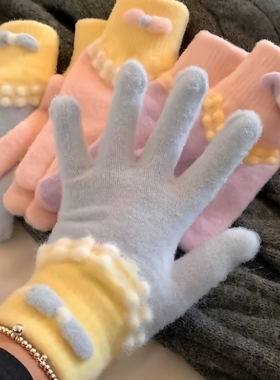 蝴蝶结蓝色毛绒分指手套女冬季针织加厚保暖防寒百搭2025新款