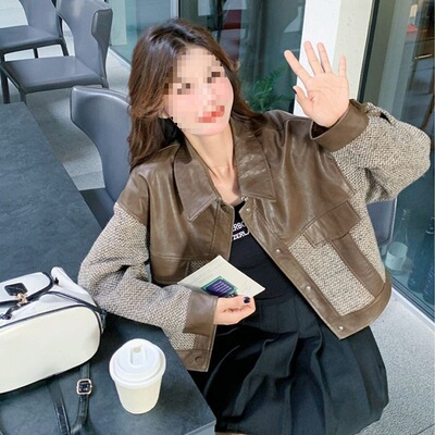 美拉德春秋季新款拼接皮衣外套女