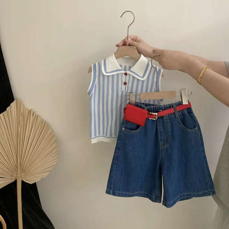 女童夏季套装中大童薄款冰丝针织Polo背心牛仔中裤两件套