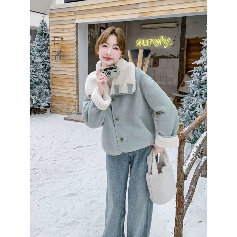 蓝色双面穿羊羔毛外套女2025冬季