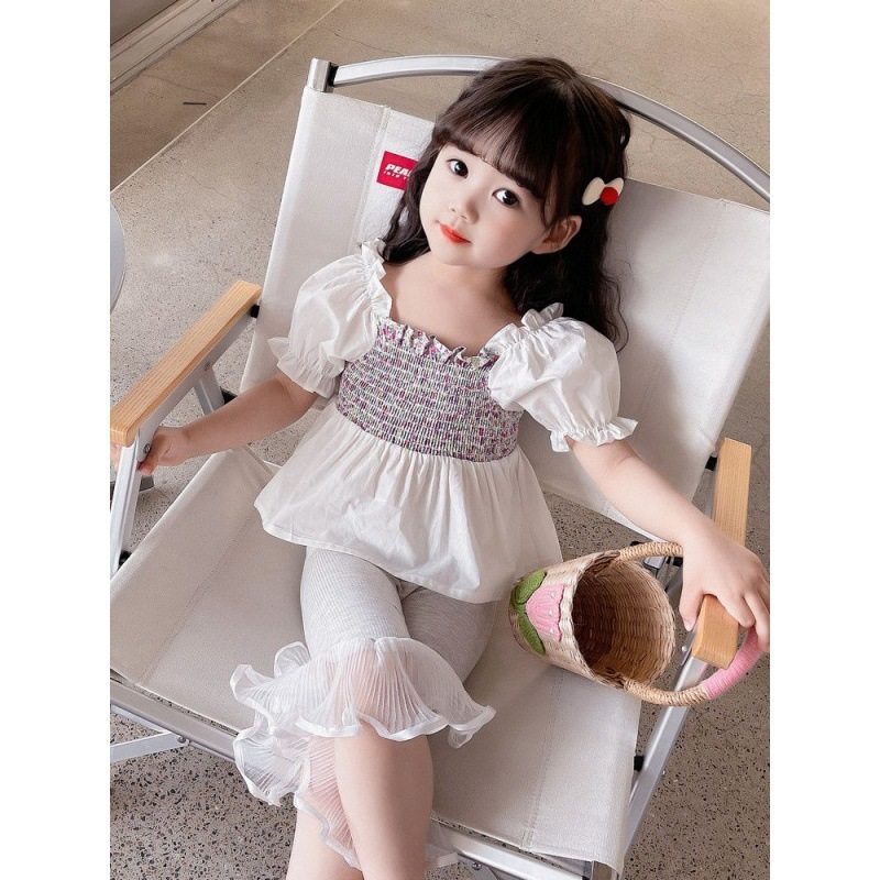 女童时髦短袖套装夏季新款洋气花边喇叭打底裤儿童泡泡袖两件套潮