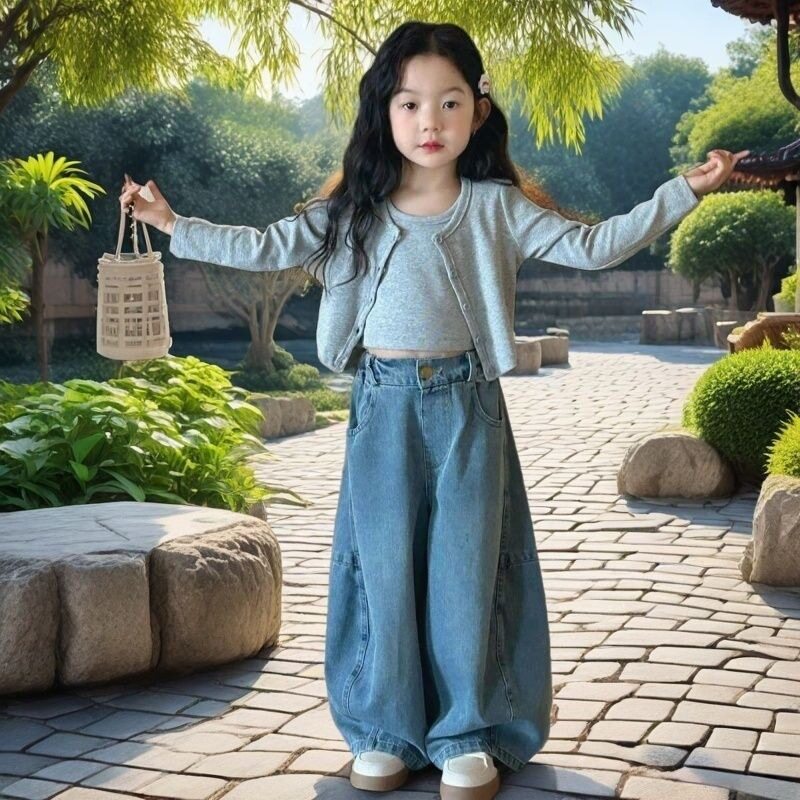 女童春装套装2025新款休闲洋气女宝宝潮短款开衫背心牛仔裤三件套