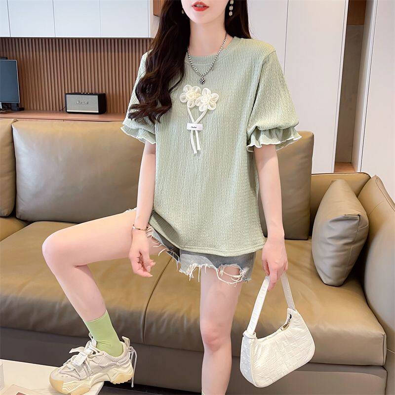 小个子短款正肩t恤女短袖夏季韩版宽松大码设计感小众喇叭袖上衣