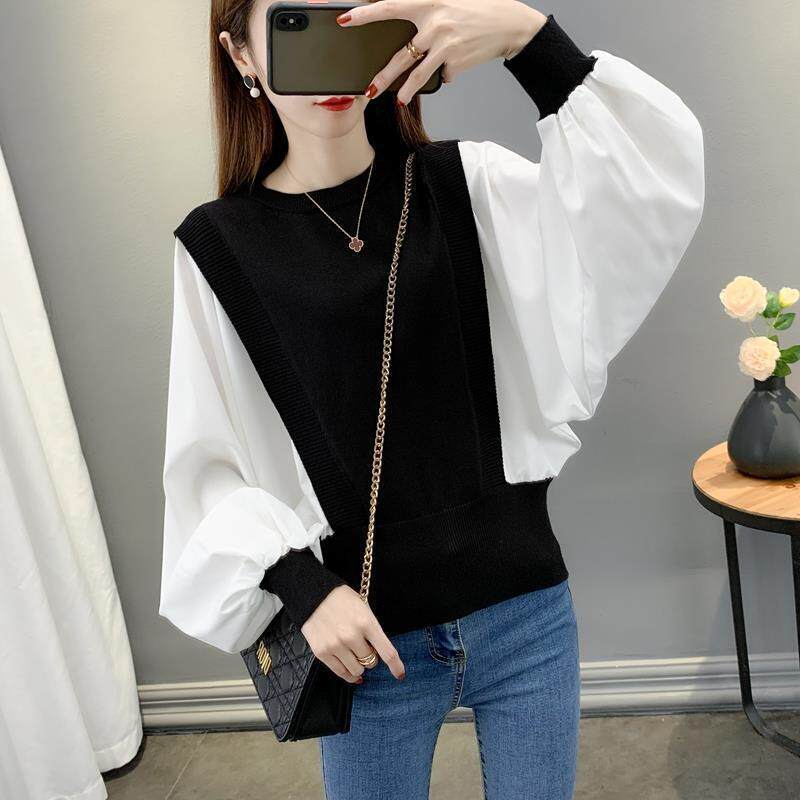 衬衫袖蝙蝠衫拼接毛衣女2025春秋