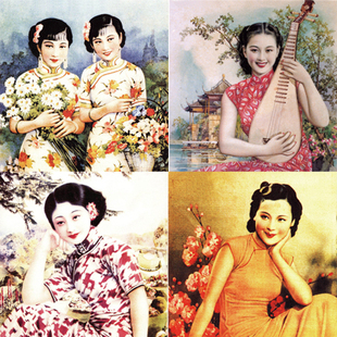 s715 高清民国老上海月份牌旗袍美女旧上海老广告海报素材画