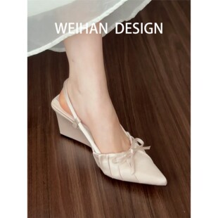 缎面温柔包头凉鞋 羊皮版 褶皱拼接单鞋 蝴蝶结尖头坡跟高跟鞋 法式