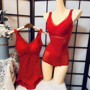 新年本命大红色强重压收腹束腰提臀无钢圈聚拢侧收托胸连体内衣女