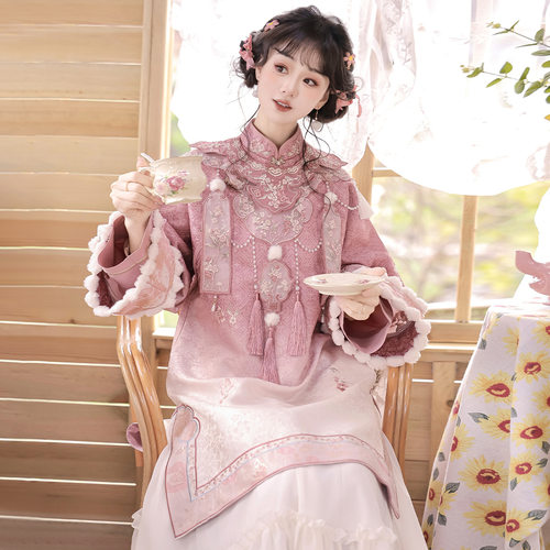 倚梦阁原创桃雾汉服女中国风汉元素新中式云肩旗袍半裙套装9481