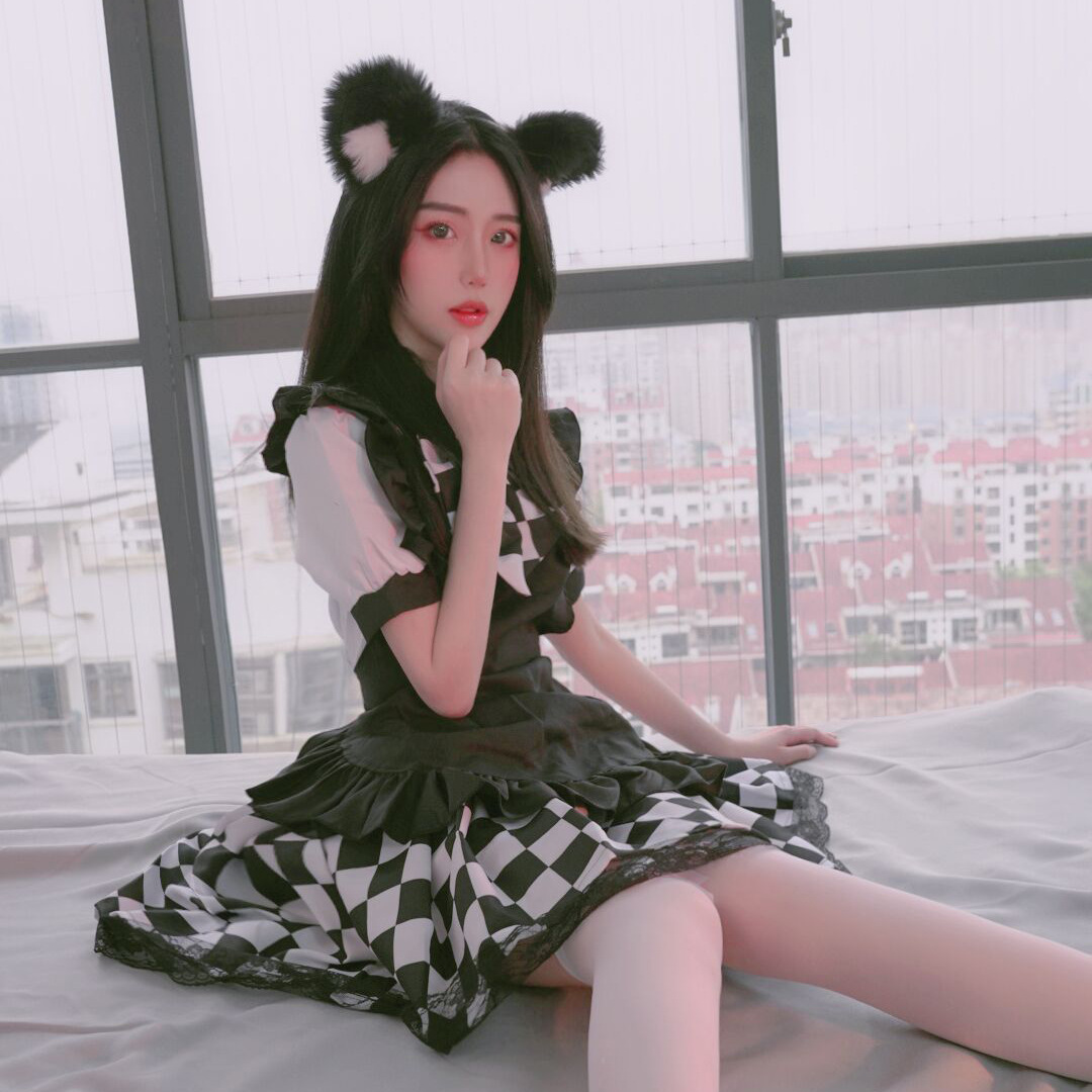 黑白格子女仆装 COS女仆服 大码变装女仆 游戏服