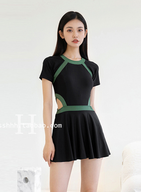 2024新款复古撞色短袖遮肚显瘦保守小胸连体美背裙式温泉游泳衣女