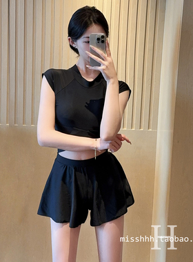 泳衣女性感黑色分体小胸遮肚显瘦保守学生运动高腰短袖三件套温泉