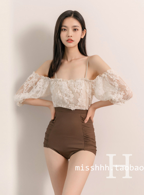泳衣女复古新款蕾丝大牌性感短袖露肩美背连体高腰三角度假温泉