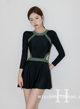 保守微胖显瘦裙式连体长袖撞色露背学生高腰纯色遮肚温泉游泳衣女