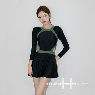 保守微胖显瘦裙式 撞色露背学生高腰纯色遮肚温泉游泳衣女 连体长袖