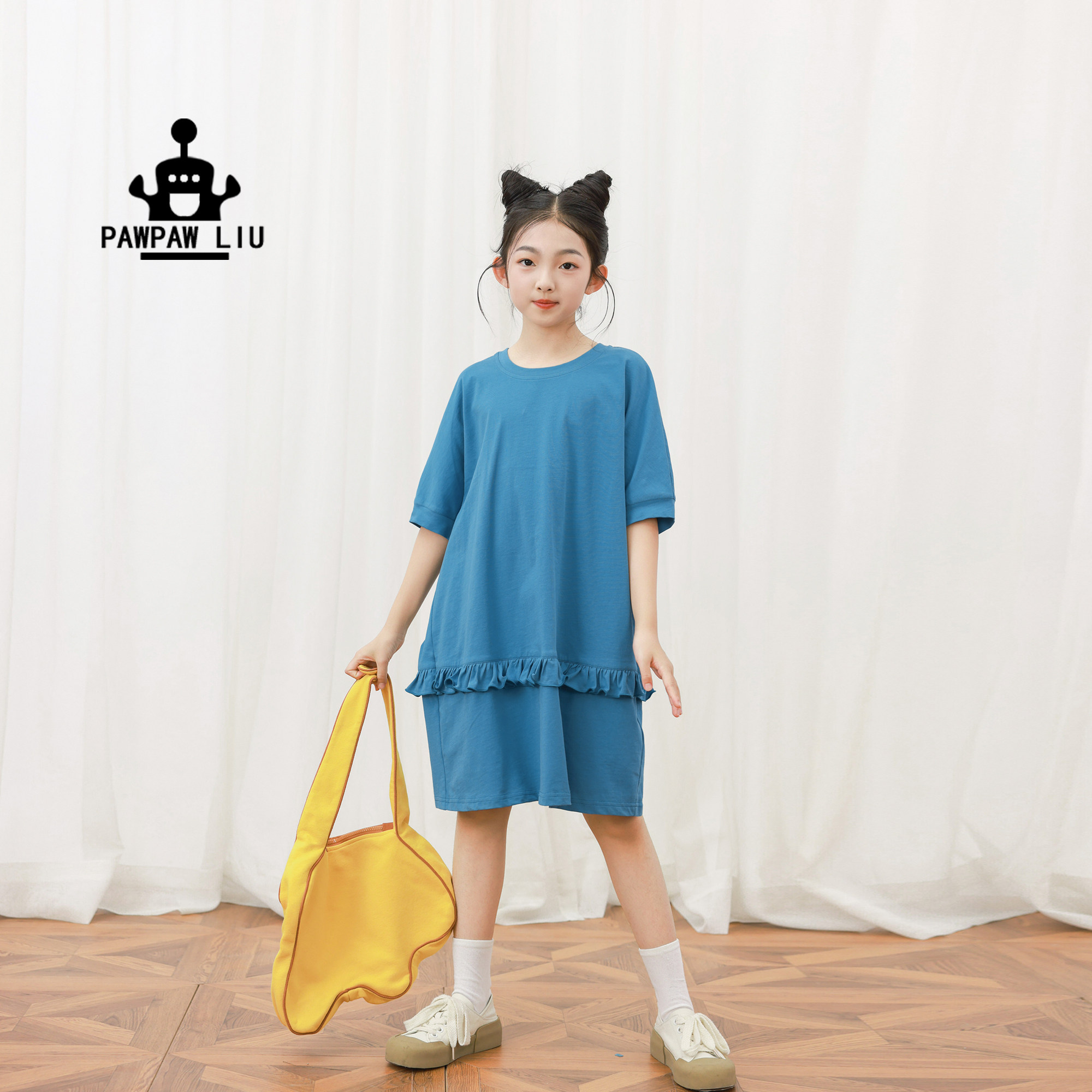 Pawpaw liu原创设计女童连衣裙夏2026新品儿童绝美蓝色木耳边裙子