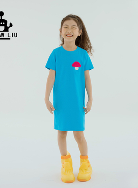 Pawpaw Liu原创设计女童夏装连衣裙湖蓝色儿童蘑菇T恤裙直筒裙棉