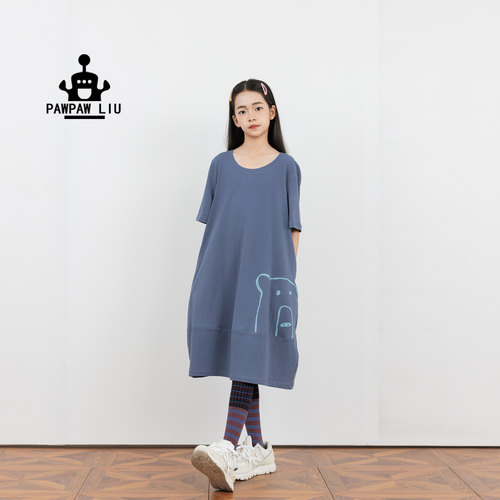 Paw家原创女童呆萌线条小熊裙夏