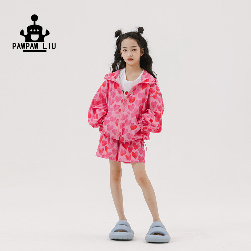 Pawpaw Liu原创设计女童套装夏季新款儿童洋气红心防晒衫休闲短裤