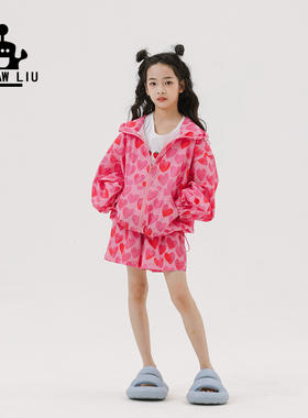 Pawpaw Liu原创设计女童套装夏季新款儿童洋气红心防晒衫休闲短裤