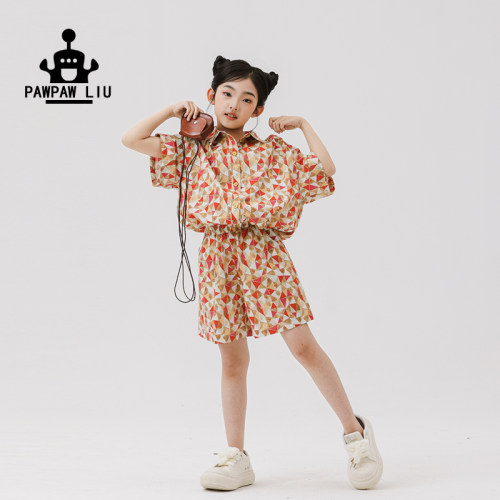 paw家原创儿童花色短袖衬衫+短裤