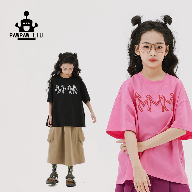 Pawpaw Liu原创设计童装女童短袖T恤男童夏装宽松手拉手上衣儿童