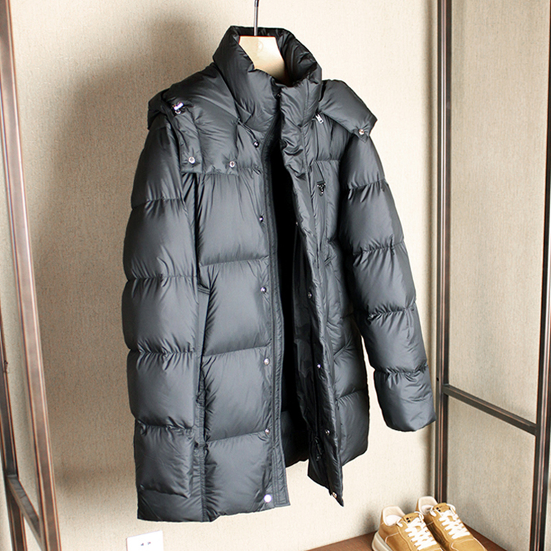 【轻盈中长款  普系】~男士高保暖可拆卸连帽中长款休闲羽绒服男