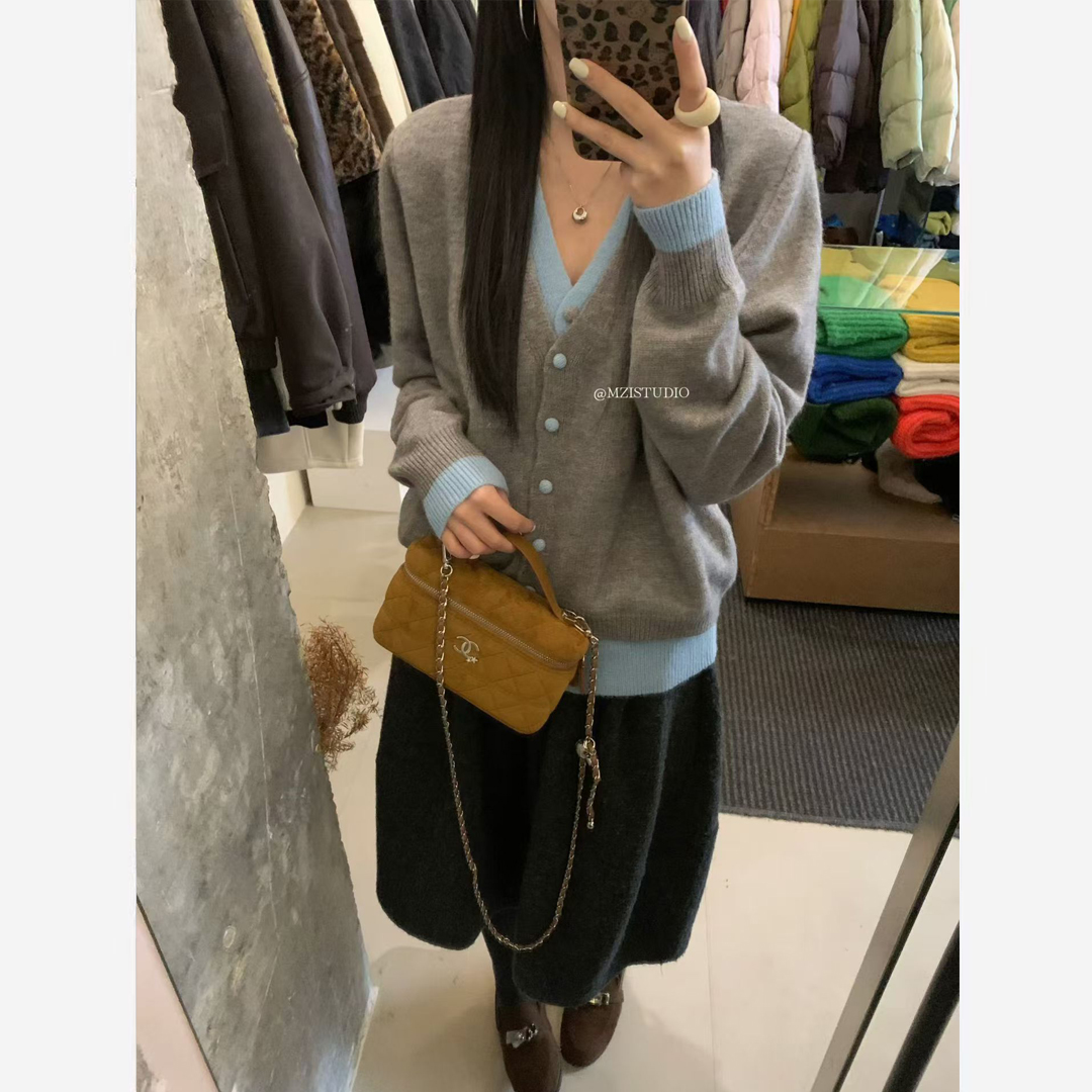 几多芝MUCHZHI  撞色假两件V领针织开衫别致百搭气质毛衣25188#