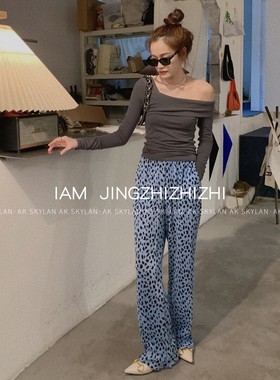 几多芝MUCHZHI  直筒垂感豹纹阔腿裤子女欧美宽松长裤潮81320#