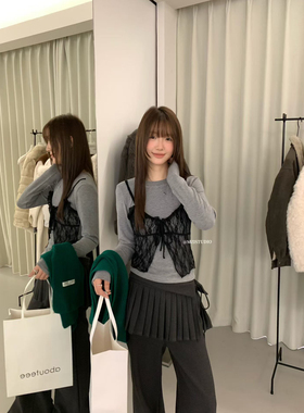 几多芝MUCHZHI  韩系气质假两件蕾丝吊带修身长袖打底T恤13958#