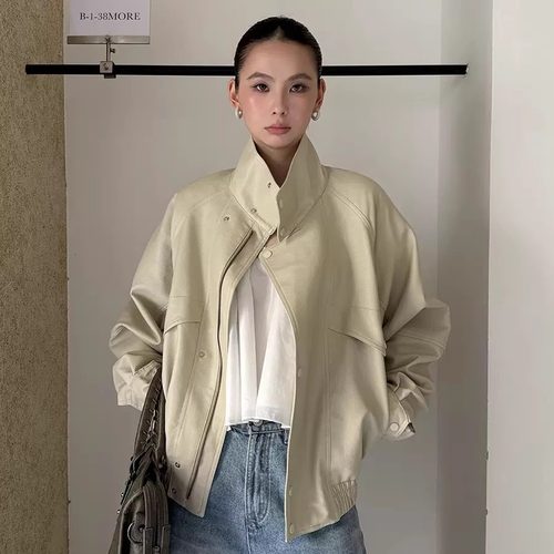 几多芝MUCHZHI  小立领机车皮衣美式复古短款帅气酷飒夹克W450#