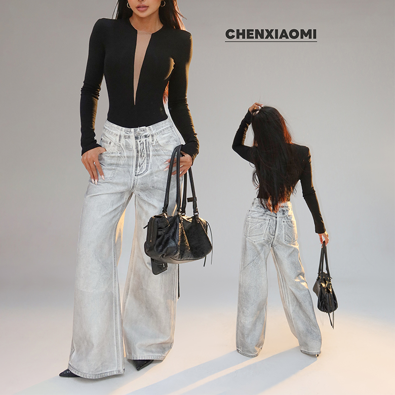 2025秋季微胖窄版显瘦高腰直筒休闲阔腿牛仔裤子女A1061