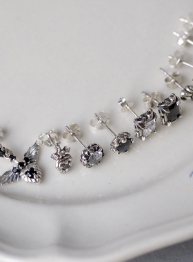 SHUI  925纯银耳钉复古小众十字花翅膀骷髅锆石爱心元素个性耳环